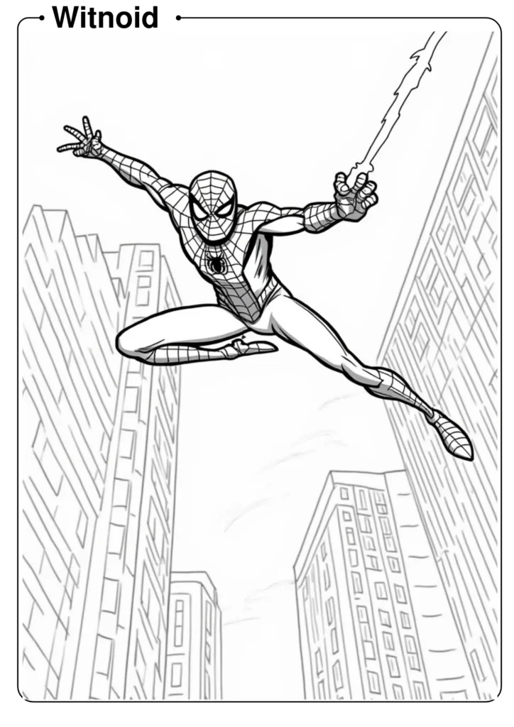 Spider-Man swinging between buildings